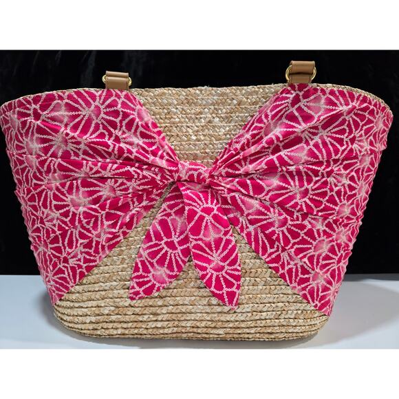 Calypso for Targe St. Barth Straw Beach Tote Bag Pink/White & Tan Leather Straps - Picture 1 of 8